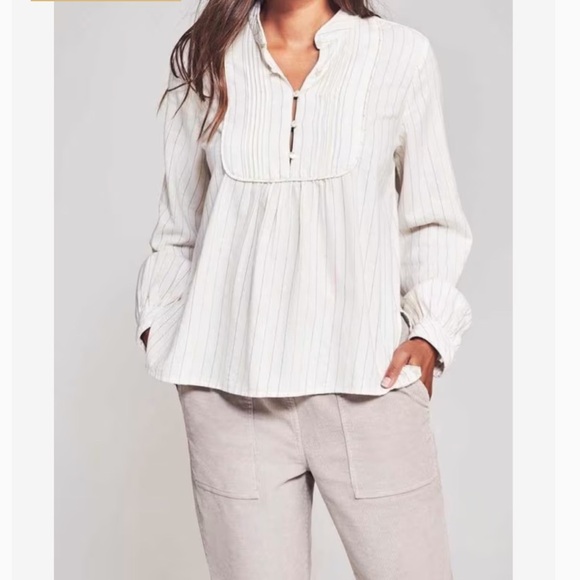 Faherty Janice Organic Cotton Long Sleeve Pintuck Bib Top in Miko Stripe XS - Picture 1 of 6